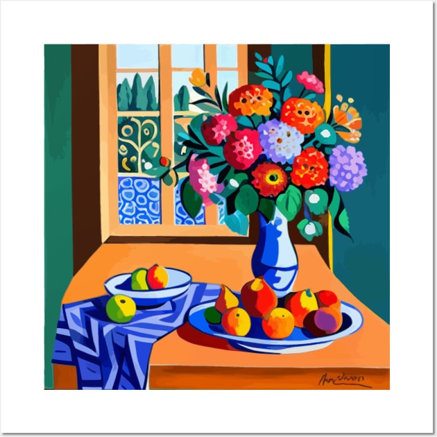 Still Life Painting with Colorful Flowers in a Blue Vase Wall Art by bragova